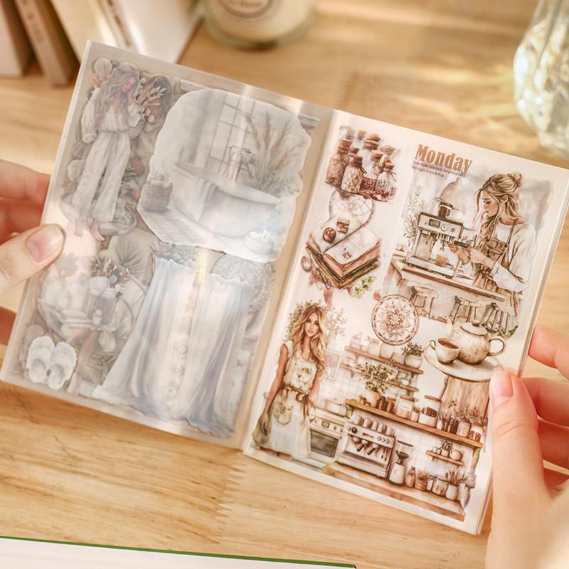 PET Sticker Book Coffee Fashion Girl Studying Daily Life Scene Notebook Sticker Book Creative DIY Greeting Card Cup Decoration