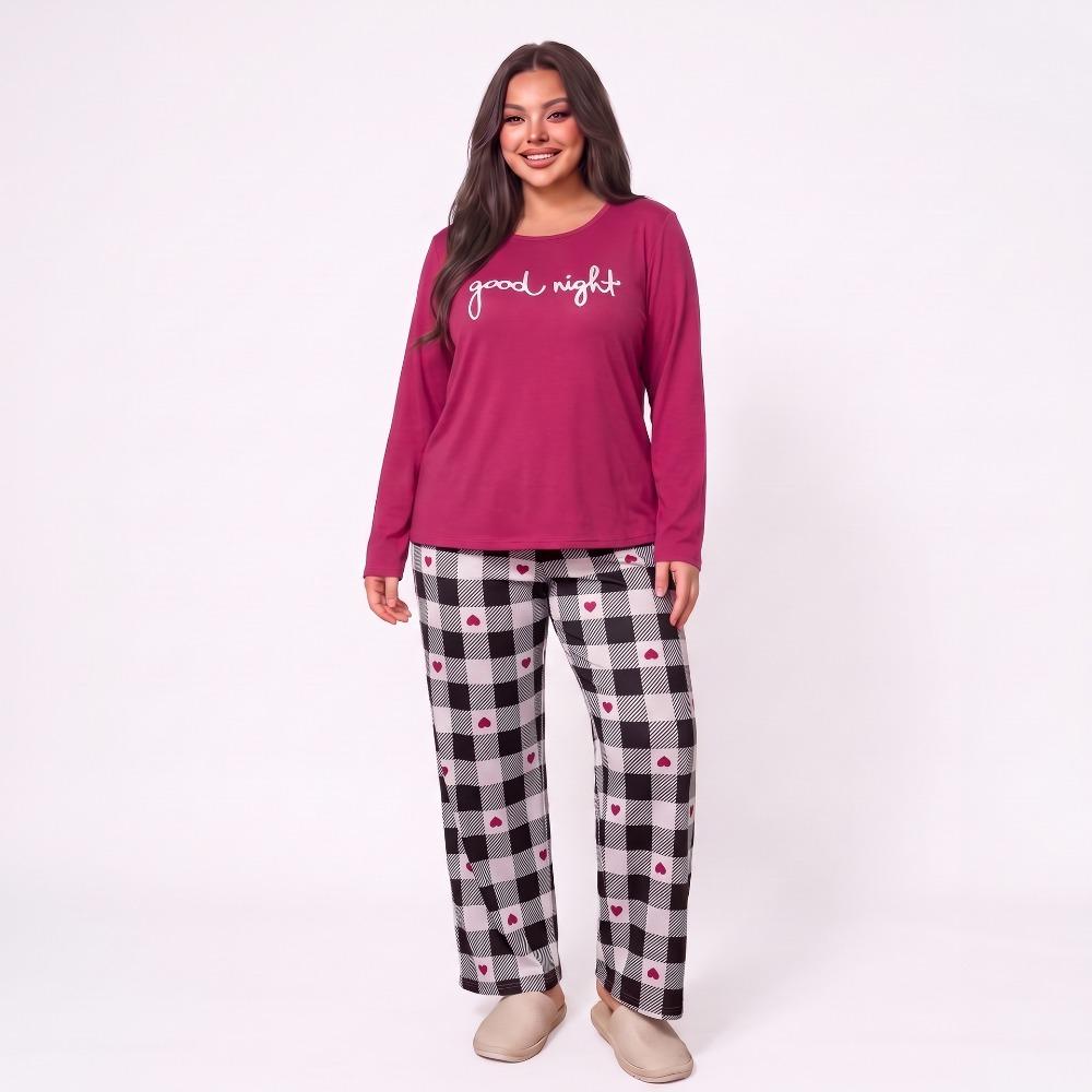 Plus Size Women Pajama Set AutumnWinter Long Sleeve Letter Print Top Plaid Sleepwear Pants Loose Ladies Soft Loungewear Homewear