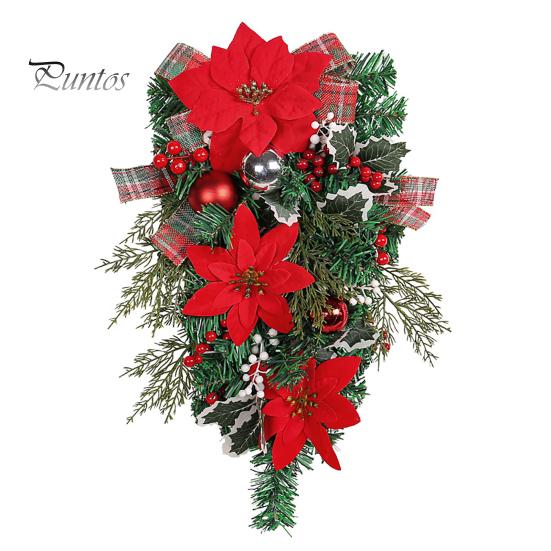 

Рождественский венок с красным цветком, клетчатый шар с бантом, многоразовый праздник, внутреннее наружное окно, передняя дверь, подвесная искусственная гирлянда, лестница красный