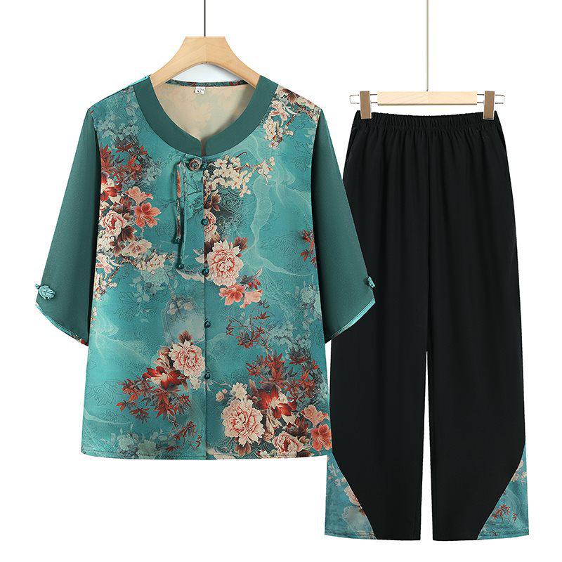 

Women s Summer Short-Sleeved Elderly Chinese Style Shirt & Pants Set 5XL (145-160 lbs)