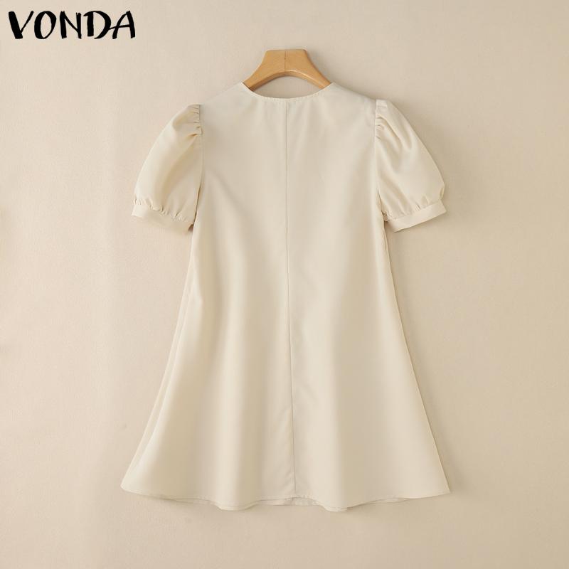 VONDA Women Elegant Puff Sleeve Solid Color Casual Mini Dress