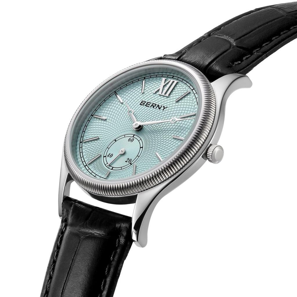 BERNY Watch Waterproof Watch Fashion Analog Quartz Watch Male Classic Roman Numeral Markers Stainless Steel Case Genuine Leather Band Men's