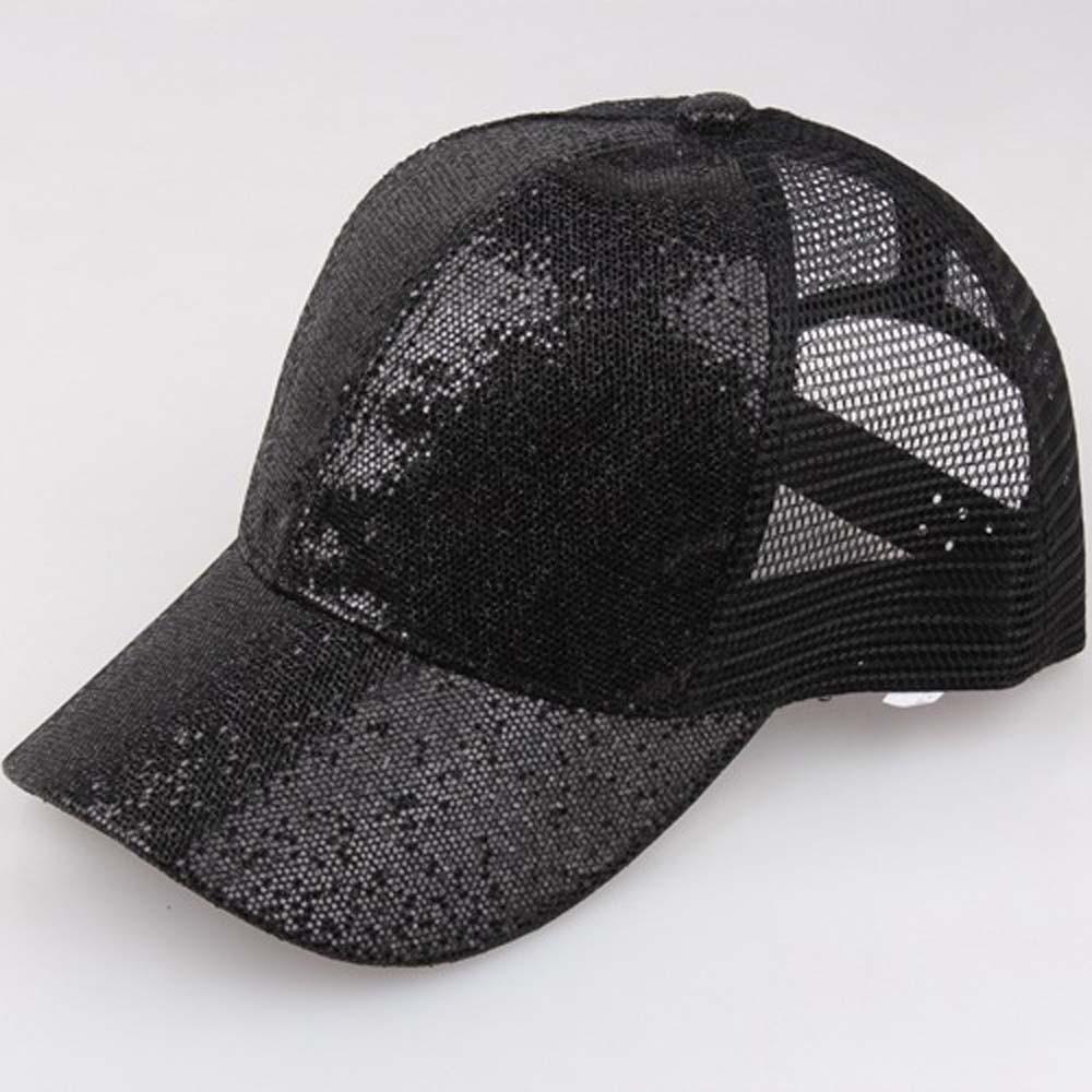 Women Girl Ponytail Baseball Cap Sequins Shiny Messy Bun Snapback Hat Sun Caps