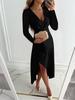 Womens Long Sleeve V Neck Dress with Ruched Hem and Side Slit Midi Length Elegant Fit for Autumn Winter