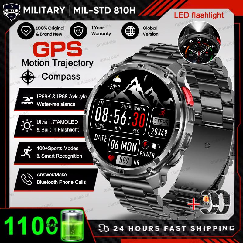 1100mAh Large Battery Durable Adult Smart Watch GPS Strong Flashlight 10ATM Waterproof BT Call Sport Smartwatch Men