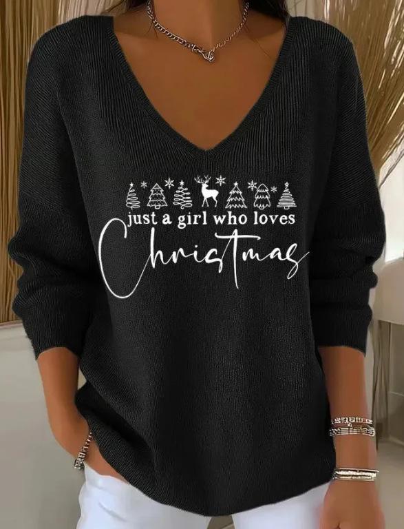 2025 3D Print V-Neck Drop Shoulder Christmas Pullover for Women