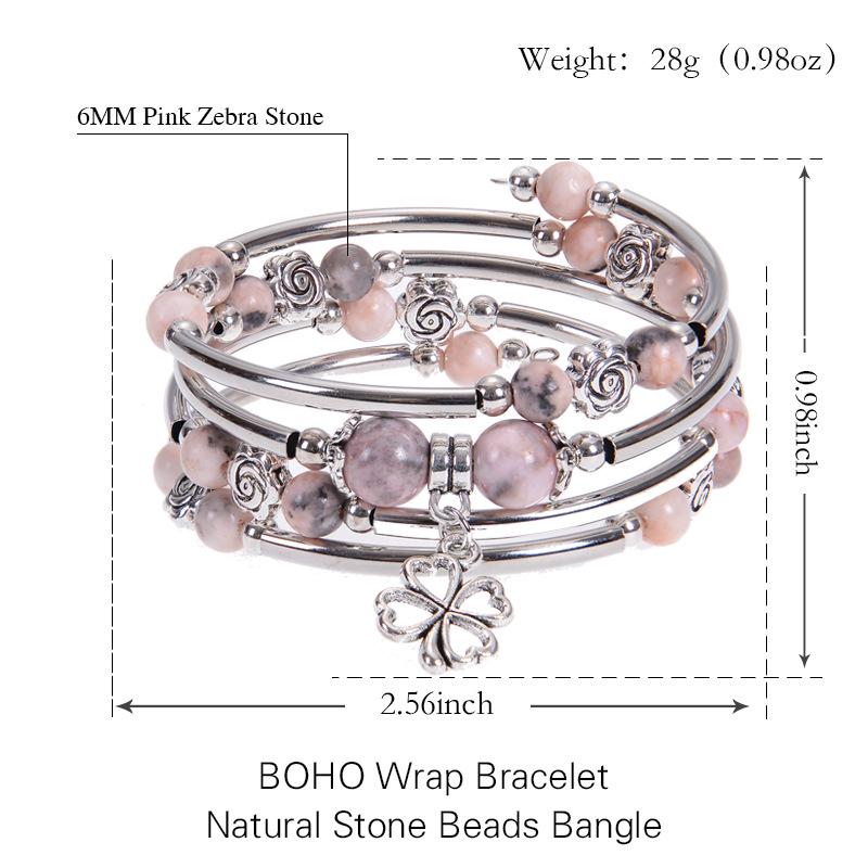 Pink Zebra Stone Multi-Layer Wrap Bracelet with Floral Pendant