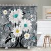 Rustic Shower Curtain Grey Floral Fabric Bath Curtains Butterfly Daisy American Country Farm Style Bathroom Decor With 12 Hooks