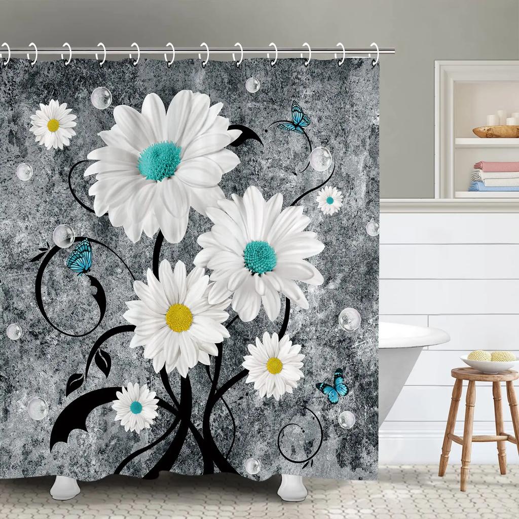 Rustic Shower Curtain Grey Floral Fabric Bath Curtains Butterfly Daisy American Country Farm Style Bathroom Decor With 12 Hooks