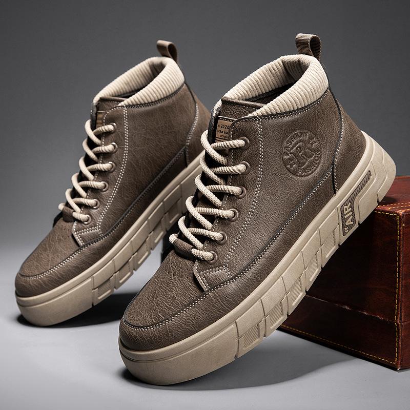 Men's Shoes 2025 New Autumn Leather Waterproof Comfortable Casual Trendy Shoes Men's British Wear-resistant Mid-help Tooling Board Shoes
