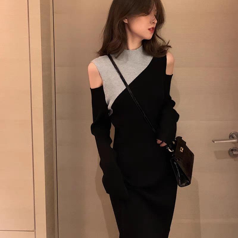 New niche contrasting color semi-turtleneck knitted dress, new sweater backing off-the-shoulder skirt, autumn and winter