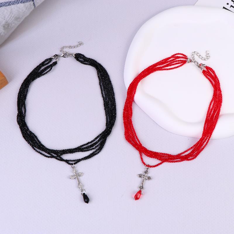 Y2K Gothic Cross Pendant Necklace For Women Red/Black Blood Drop Seed Beads Choker Vintage Halloween Girl Neck Jewelry Gift