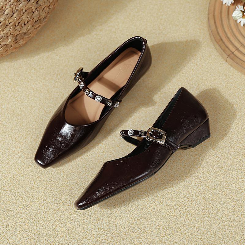 French retro v-port one-word buckle with Mary Jane shoes thick heel 2025 new soft leather square head low heel light mouth single shoes