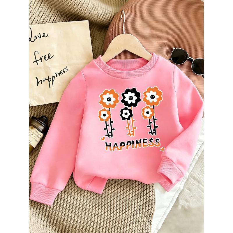 Kids Sweatshirt Cute Orange-White Floral Print Spring/Autumn Thin Round Neck Sweatshirt, Comfortable Outdoor Outfit Choice