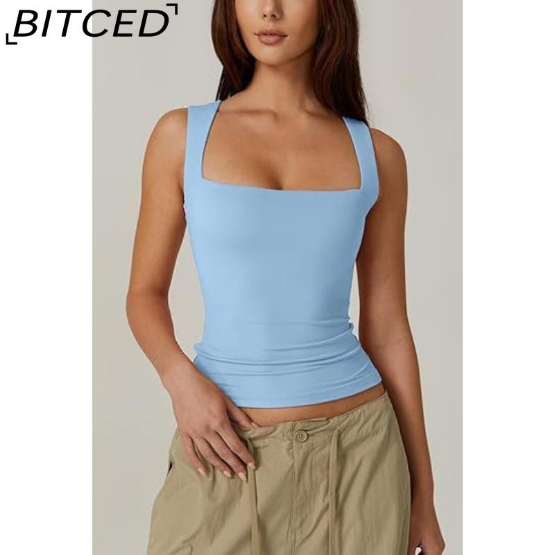 BITCED Women's Summer Square Neck Sleeveless Double-Layer Tank Top Basic Fitted T-Shirt