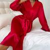 Summer Sexy Faux Silk Bathrobe, Fashionable Casual Home Wear, Polyester Long Women's Lace-up Bathrobe