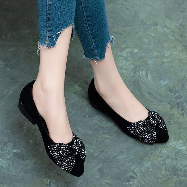 Spring 2025 Rhinestone Bow Low-Cut Women's Flats, Pointed Toe Slip-On Work Shoes with Chunky Heel