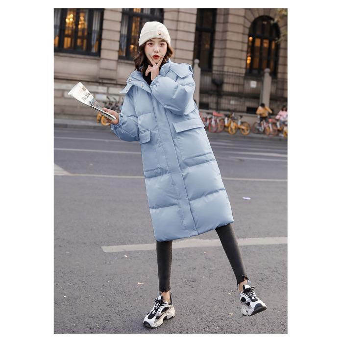 Løs vinterfrakk i dunbomull i koreansk stil for kvinner, mellomlang, tykk hettejakke