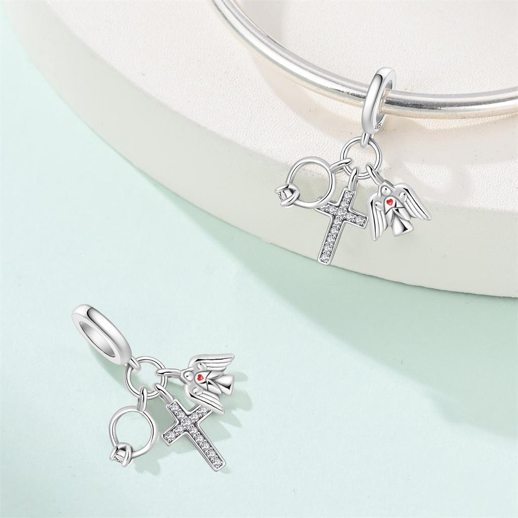 Copper God with Us Angel Cross Ring Guardian Pendant Charm Compatible With Authentic Charm Bracelets Women Do It Yourself Jewellery Gift