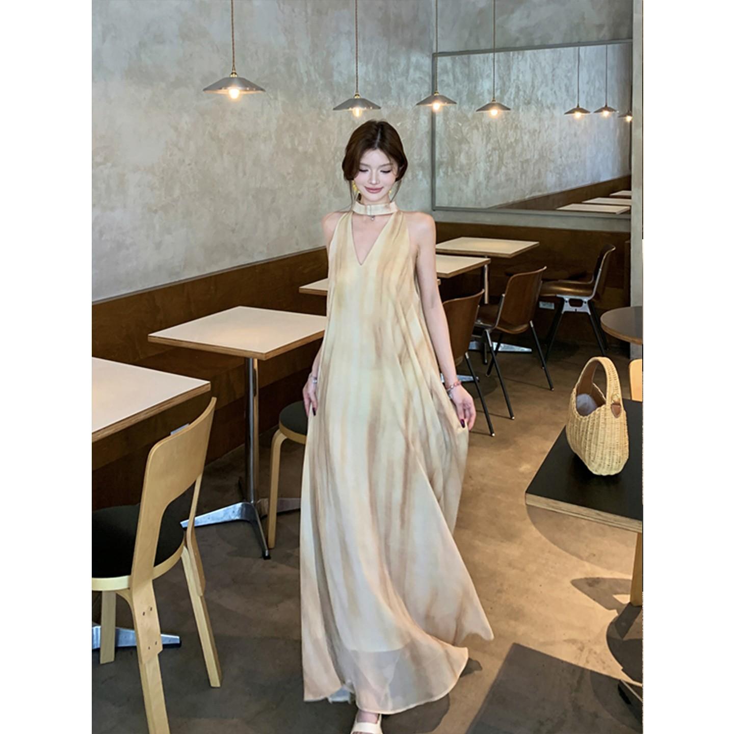 

Seaside vacation style retro tie-dye neck v-neck dress for women s summer senior sense loose lazy wind big swing dress 2XL синій