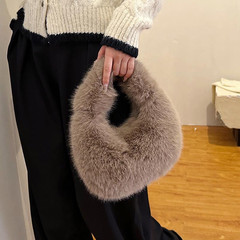 2025 Autumn/Winter Women's Minimalist Fluffy Shoulder Bag - Versatile Solid Color Handbag