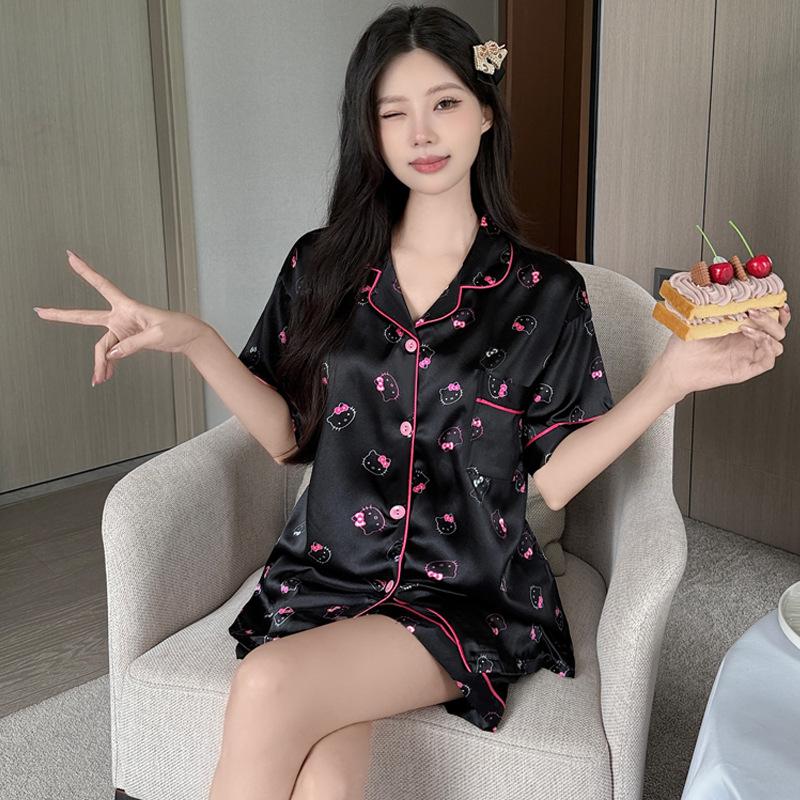 Summer Cartoon Kitty Printed Pajama Set Ice Silk Sweet Girl Short Sleeve Loungewear