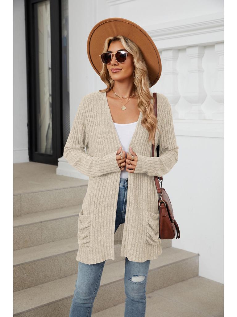 2024 Autumn/Winter Solid Color Long-Sleeve Pocket Cardigan Knitwear