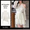 Elegant Mini White Chiffon [ToaSoa] Women's Long-Sleeved Off-Shoulder Dress, Spring, Summer, Autumn, Winter, Dress, (S)