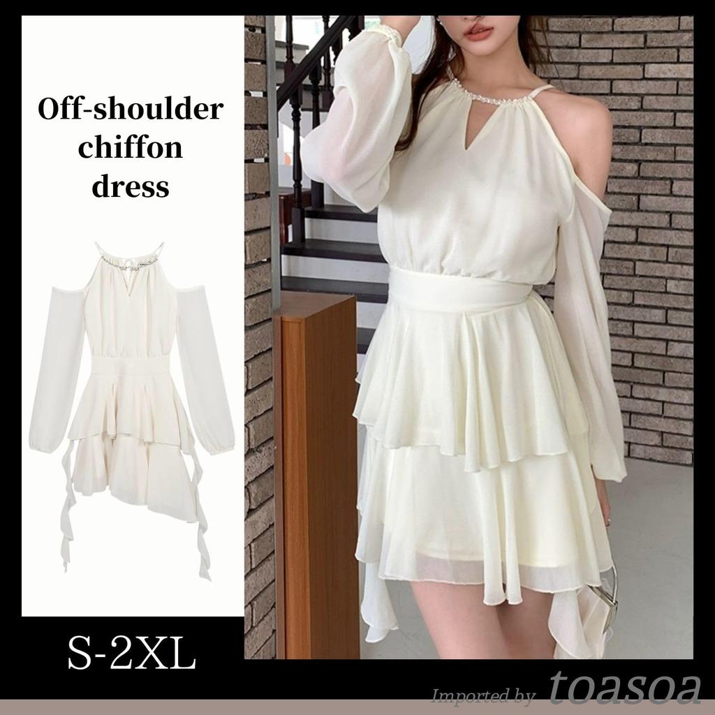 Elegant Mini White Chiffon [ToaSoa] Women's Long-Sleeved Off-Shoulder Dress, Spring, Summer, Autumn, Winter, Dress, (S)