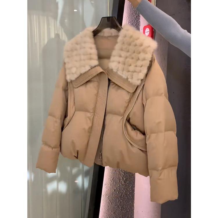 Pluss Størrelse Lat Stil Stor Pelskrage Vattert Dun Bomullsjakke Dame Vinter Kort Løs Jakke