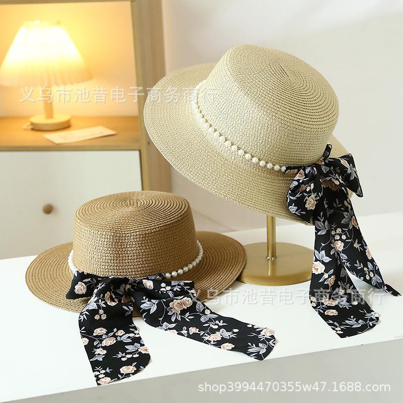 Summer printing streamer straw hat sun hat versatile bow fashionable new women's eaves sunscreen