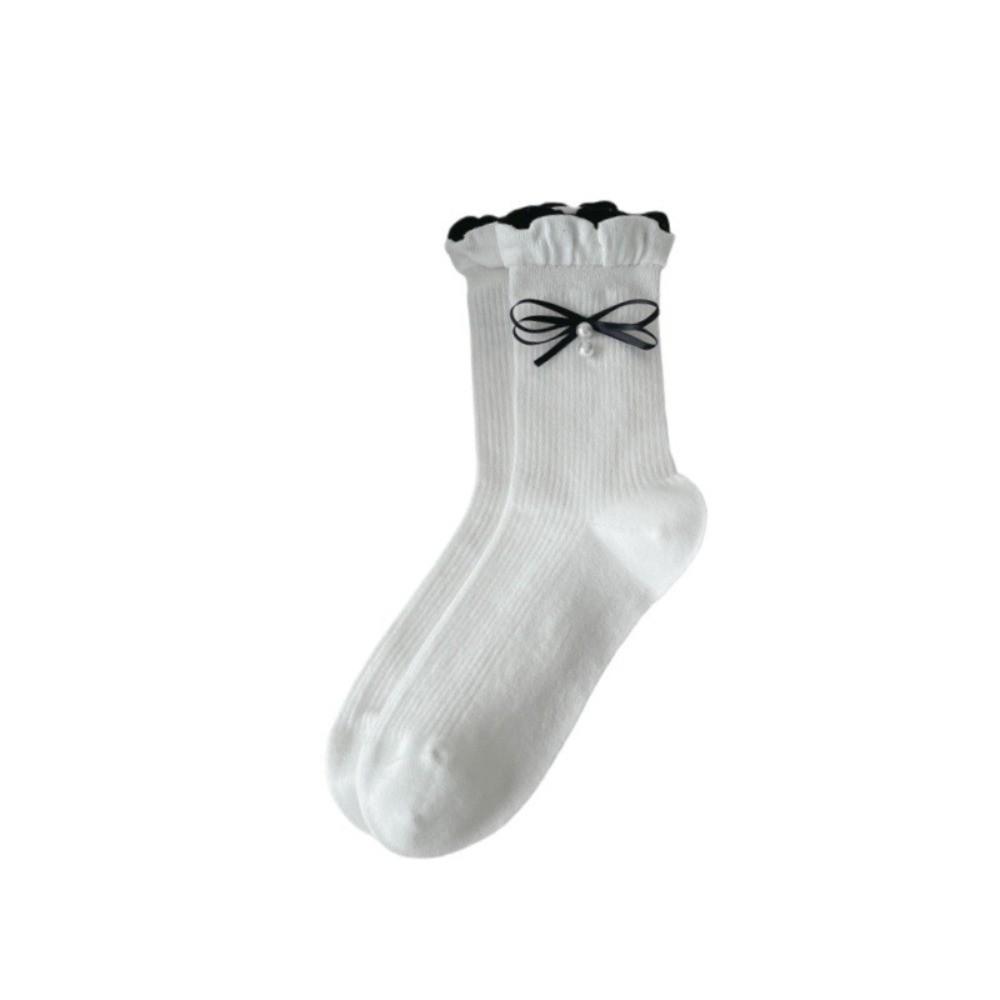 Cute Bow Socks Sweat Absorption Ruffle Socking New Mid Tube Socks  Spring and Autumn