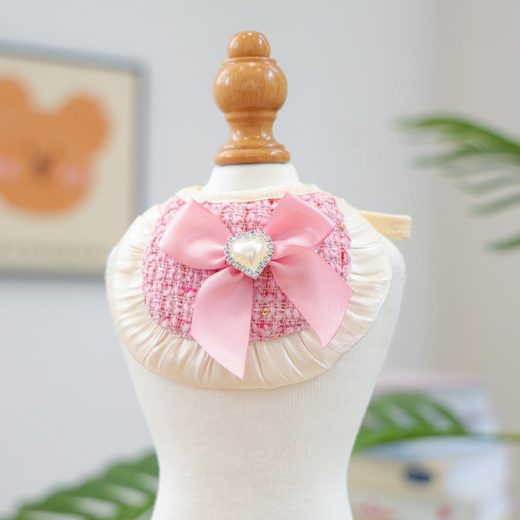 Luxury Tweed Cat Dress Bow Hair Clip + Pearl Necklace + Layer Tulle Skirt Outfit, Elegant Princess Pet Clothes for Dogs Cats