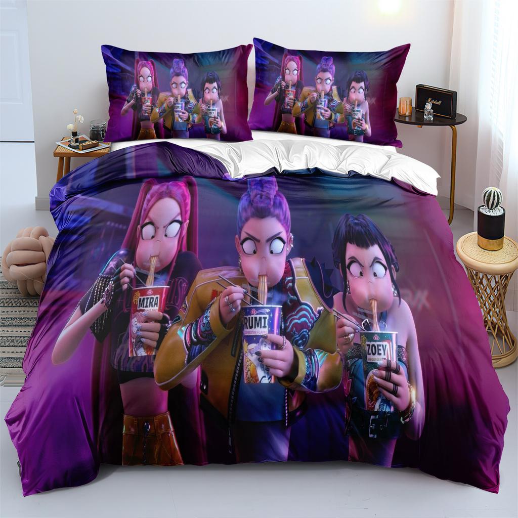 3pcs KPop Demon Hunters Bedding Set Anime Print Boys Girls Three Piece Multi Size Quilt Cover Pillow Cover Bedroom Decoration