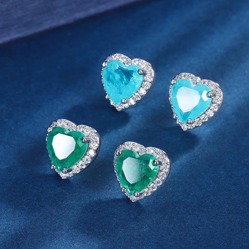 Jewelry Copper Bottom Gold-Plated Simulation Color Treasure Heart-Shaped Diamond-Encrusted Simple Women'S Stud Earrings Main Stone 9 * 9