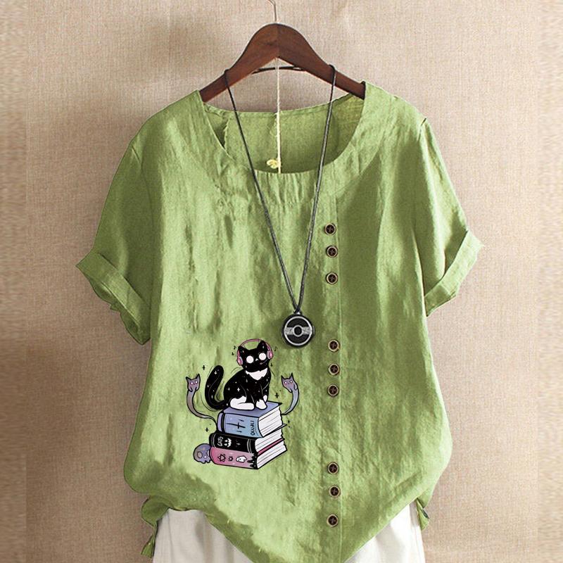 

Женская мода, футболка с круглым вырезом и коротким рукавом с принтом «черный кот», повседневная хлопково-льняная рубашка с рисунком, свободная летняя блузка для отдыха, топы больших размеров 5XL зелёный