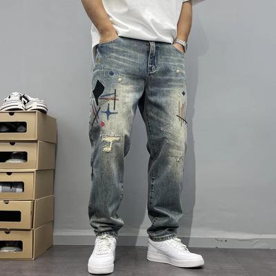 Four Seasons New Fashion Men's American High Street Hole Patched Loose Wide Leg Jeans Pants Vintage Washed Denim Trousers Male