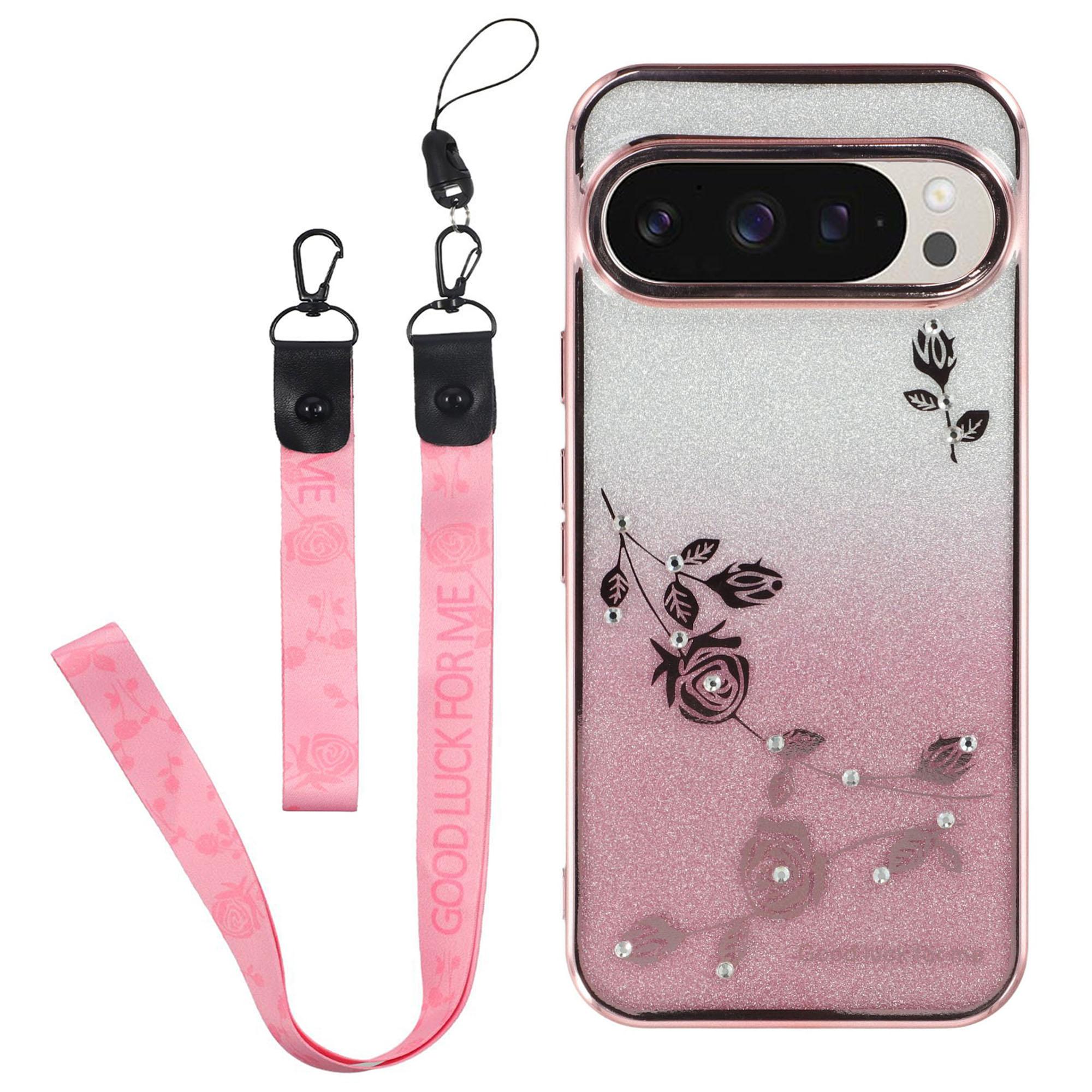 

KADEM For Google Pixel 9 Pro Glitter Phone Case Flower Pattern Gradient TPU Cover with Lanyard Rose Gold