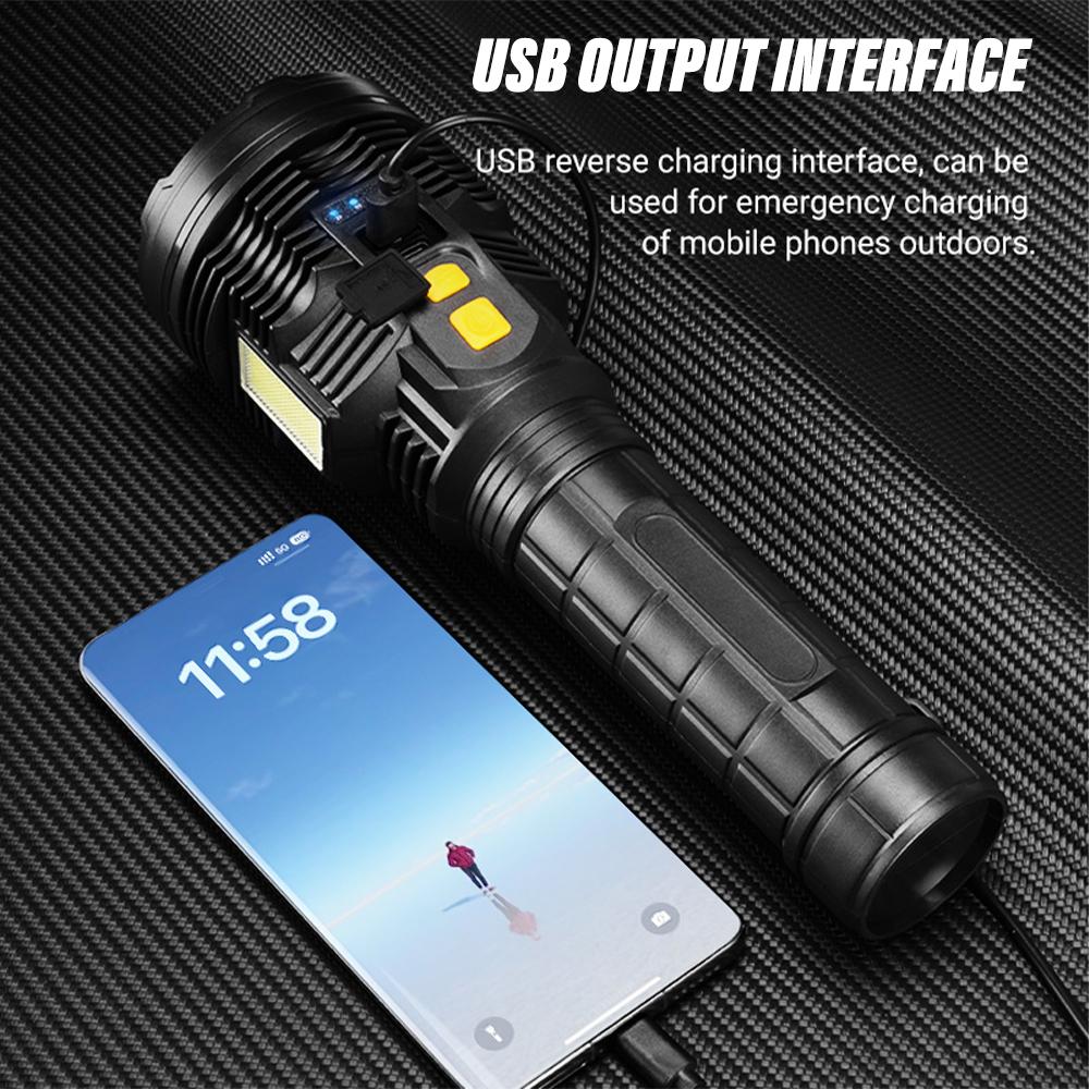 Super bright LED Flashlight Rechargeable torch Portable searchlight Outdoor Camping light With high brightness side light