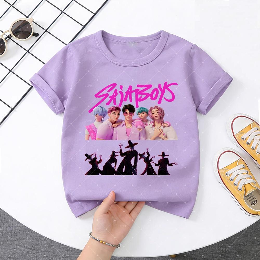 Stylish SAJABOYS KPop Demon Hunters Print Kids T-Shirt, Trendy Cartoon Character Tee for Boys and Girls