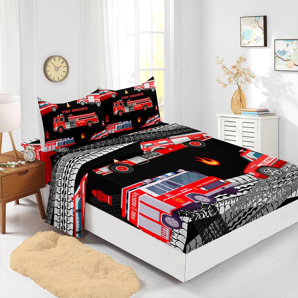 Four-Piece Mattress Racing Game Construction Car 3D Digital Printing Set Mattress Protective Cover