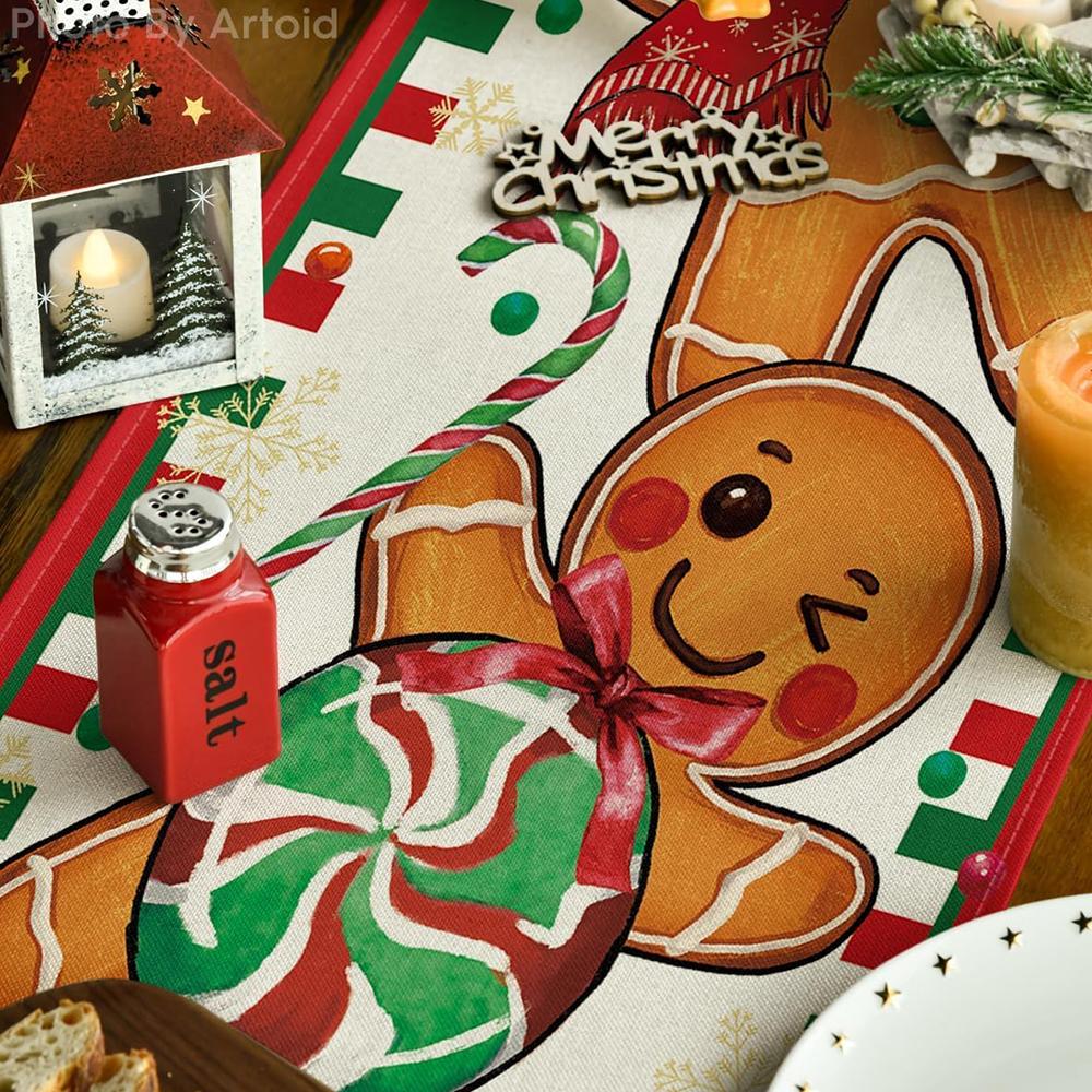 Gingerbread Candy Cane Christmas Table Runner for Home Party Decor, 33x183cm