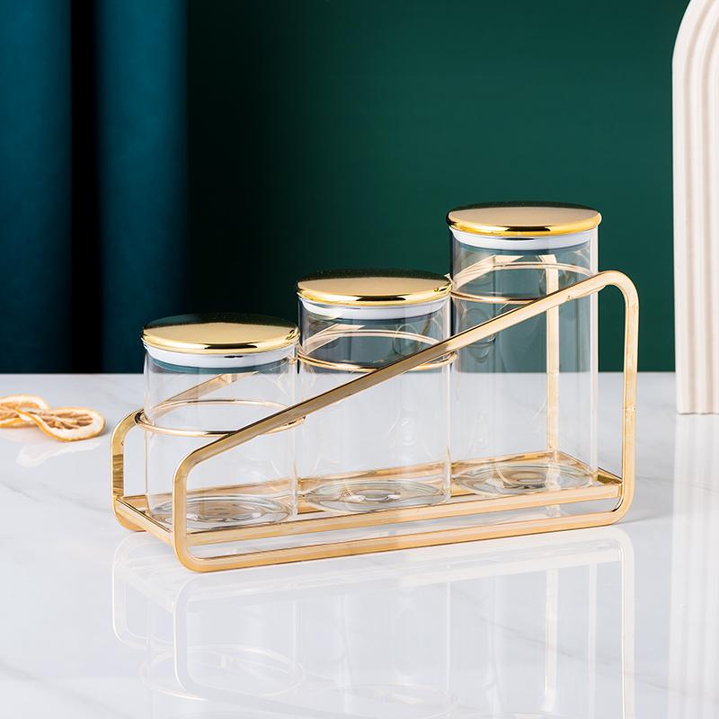 Food Storage Container, Glass Sealed Jar with Lid, Kitchen Storage Bottle, Household Moisture-proof Tea Can, Metal Rack