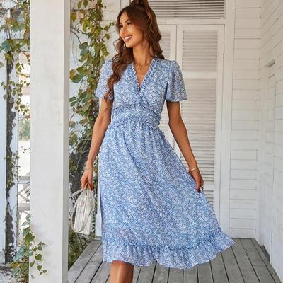 Frühling Sommer Floral Bedrucktes Langes Kleid Frauen Casual A-Line V-ausschnitt Hohe Taille Schlank Kurzarm Chiffon S-XL