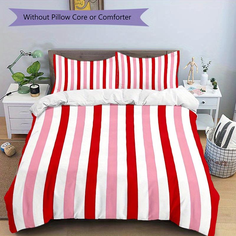 Juego de Ropa de Cama Estampada con Rayas Rojas de 3 Piezas, Transpirable y Suave, Lavable a Máquina, Regalo de Navidad, Adecuado para Decoración de Dormitorio, 15172