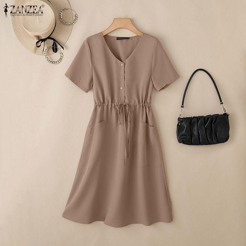 ZANZEA Abito Estivo Casual da Donna con Scollo a V a Maniche Corte Monocolore