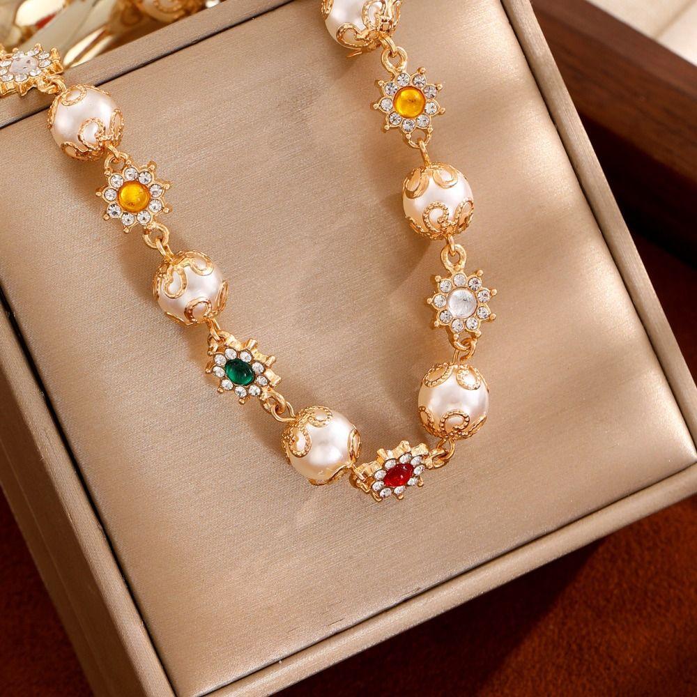 Ethnic Style Colorful Rhinestone Choker Beads String Imitation Pearl Clavicle Chain  Party