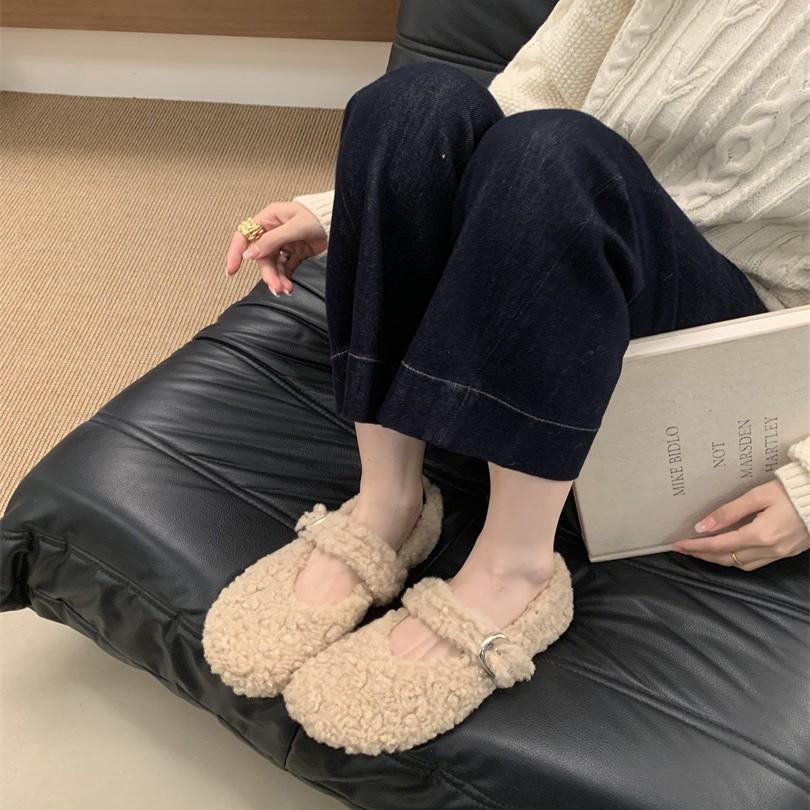 Retro gentle plush and fluffy shoes for women's 2025 autumn and winter new cute with skirt cotton shoes one pedal Doudou shoes