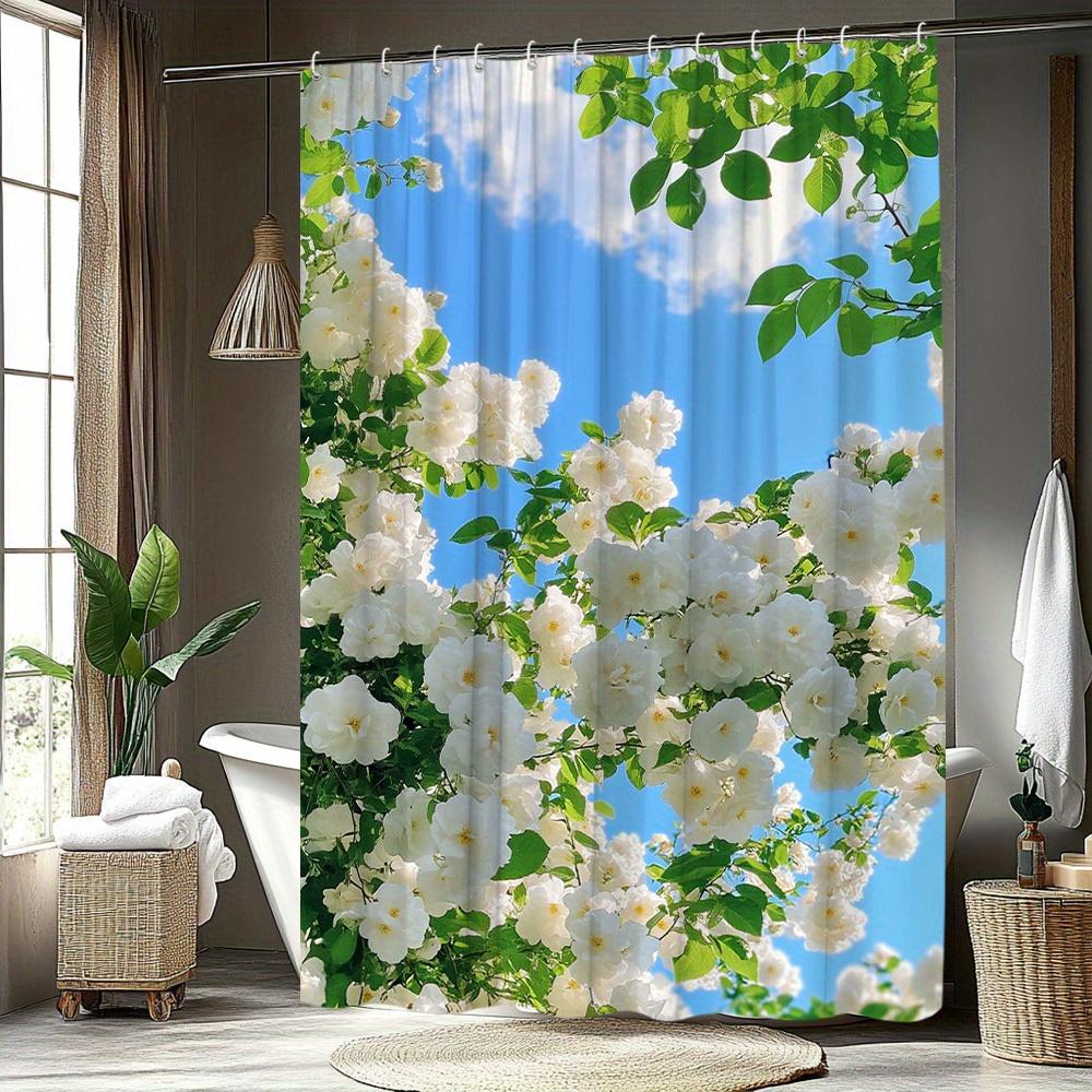 1Pc Floral Pattern Shower Curtain White Roses With Blue Sky Background Natural Scenery Shower Curtain Bathroom Decoration Polyes