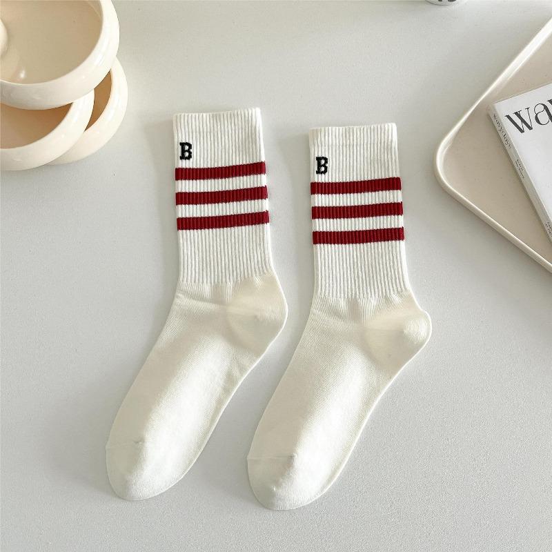 Striped Socks, Women's Mid-calf High-top Socks, Versatile, Simple, Sporty, School Style, Spring and Autumn Cotton Socks